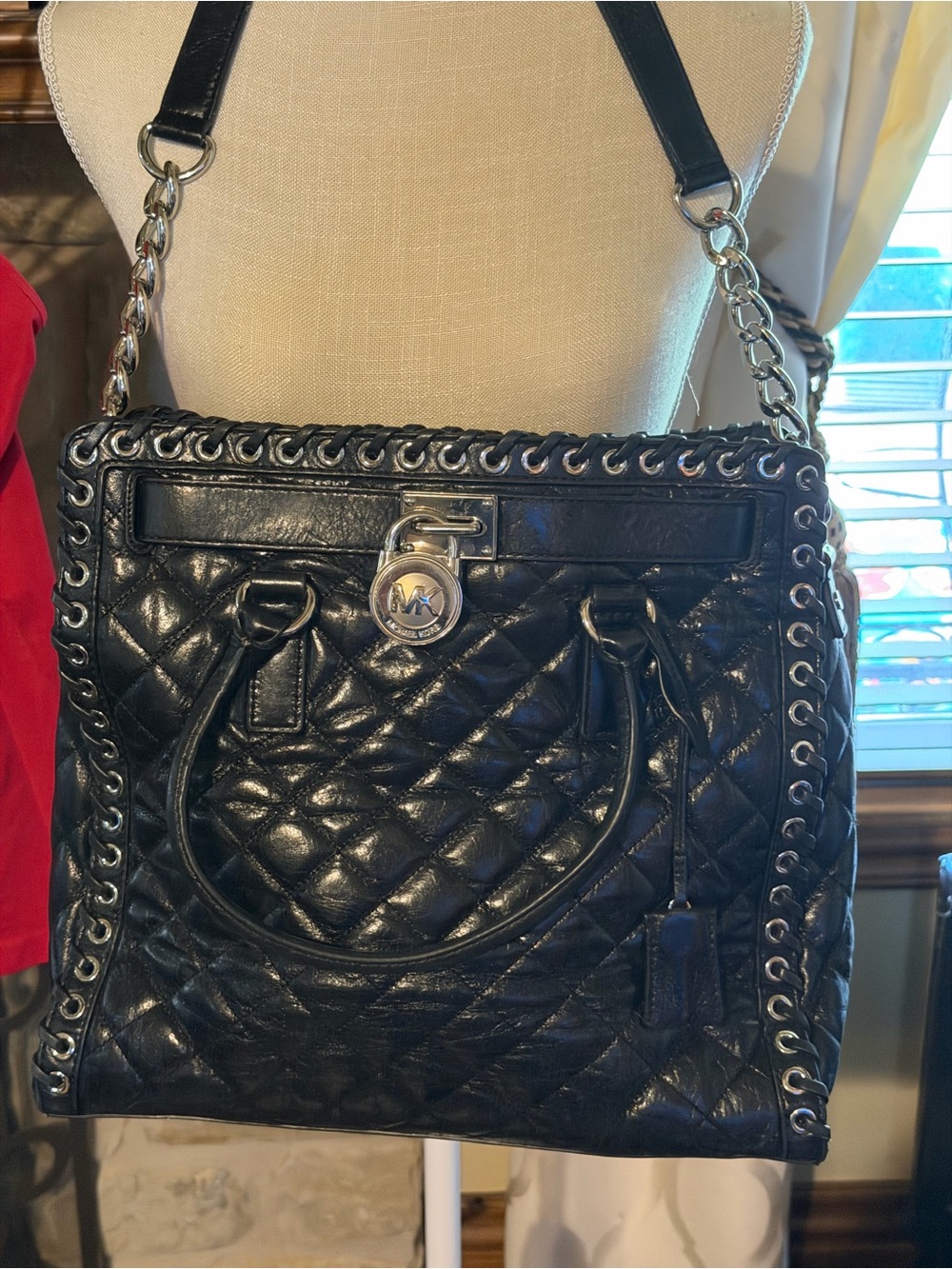 Michael Kors Black Quilted Leather Tote with Chain Strap and Logo Lock
